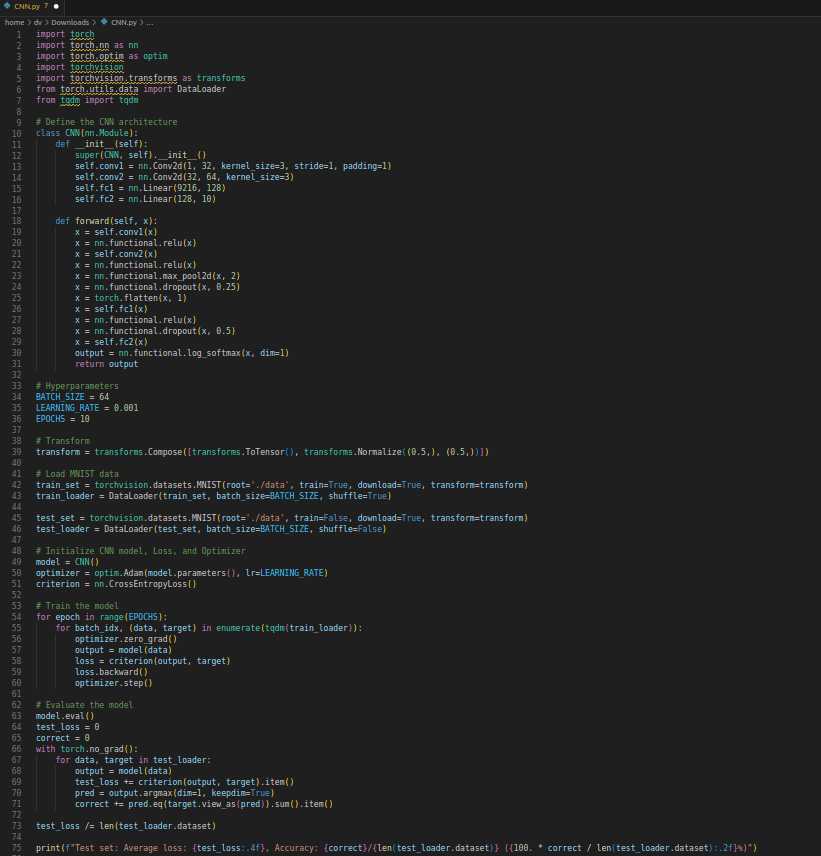 In just 75 lines, we were able to use PyTorch to build a CNN that classifies images from MNIST dataset.