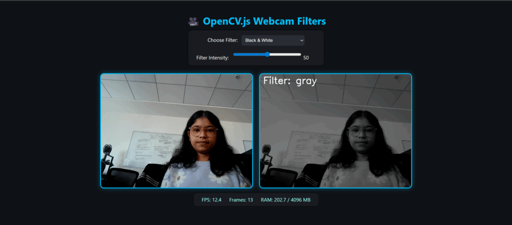 Using OpenCV.js on the video canvas, the left image shows the original frame, while the right displays the grayscale filter applied.