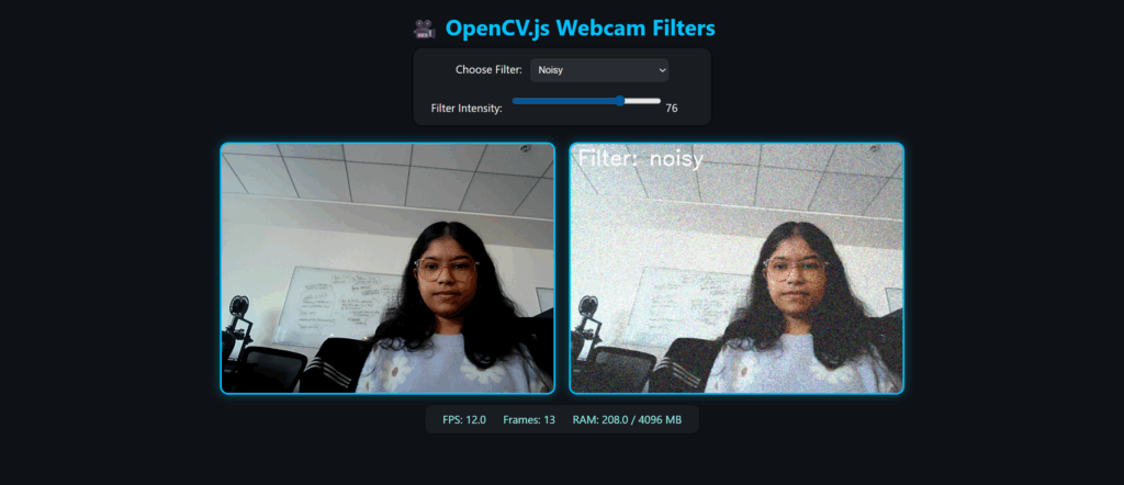 Using OpenCV.js on the video canvas, the left image shows the original frame, while the right displays the noisy filter applied.