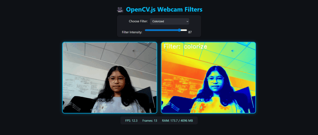 Using OpenCV.js on the video canvas , the left image shows the original frame, while the right displays the colorise filter applied.