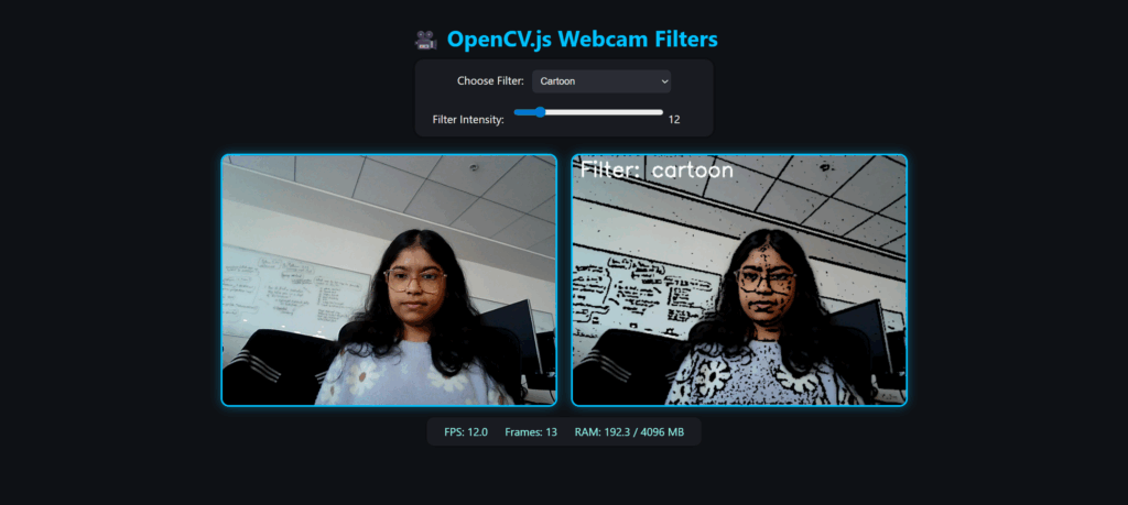 Using OpenCV.js on the video canvas the left image shows the original frame, while the right displays the cartoon filter applied.