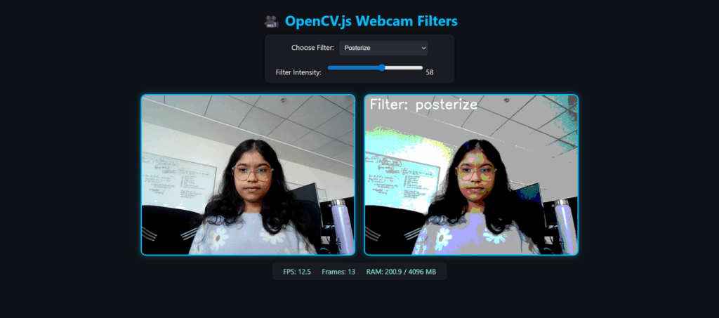 Using OpenCV.js on the video canvas, the left image shows the original frame, while the right displays the posterise filter applied.