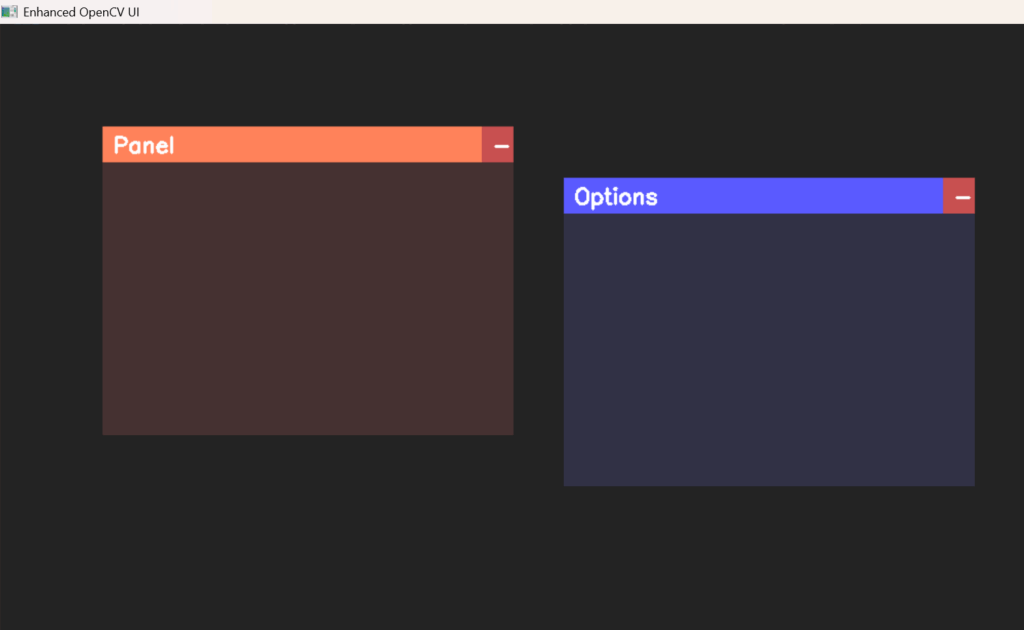 An OpenCV GUI interface showcasing two custom draggable panels - ‘Panel’ and ‘Options’