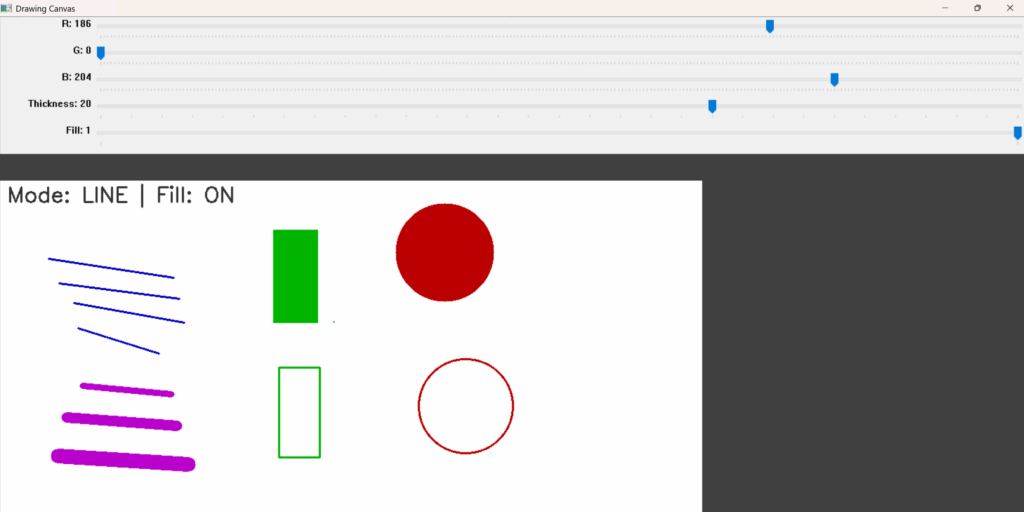 An OpenCV GUI window displaying interactive trackbars for color, thickness, and fill options, along with a drawing canvas showing lines, rectangles, and circles created using mouse callbacks