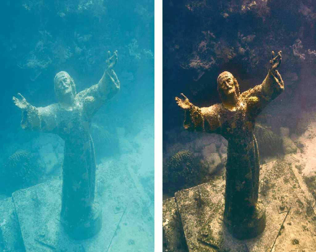 Comparison of original and enhanced underwater image using OpenCV