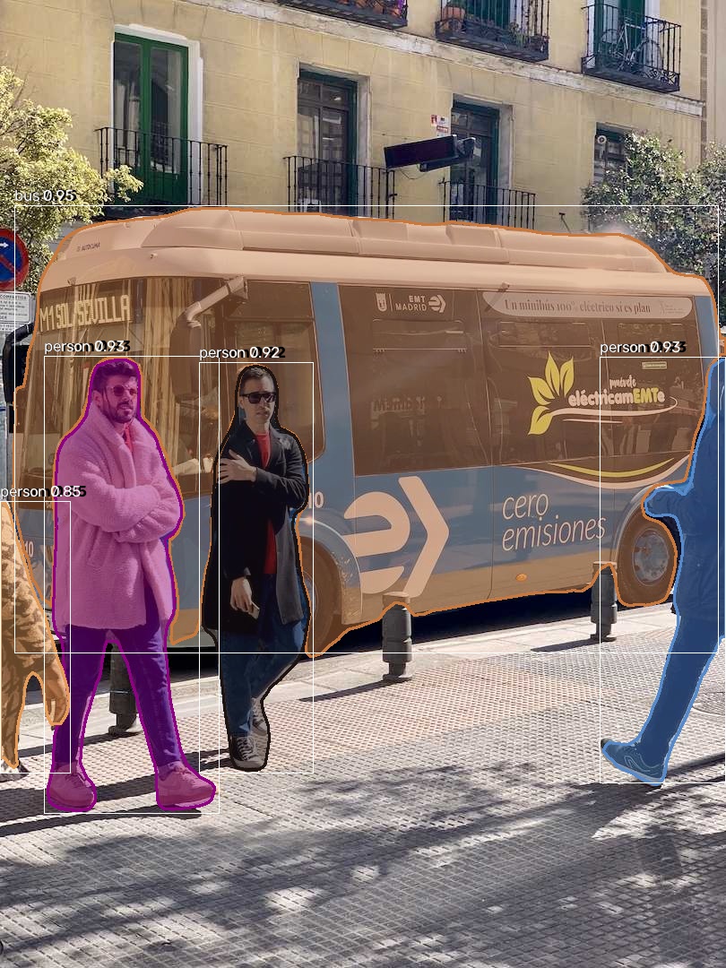 RF-DETR Seg Nano produces separate colored instance masks for a bus and four people using OpenCV 5 DNN.