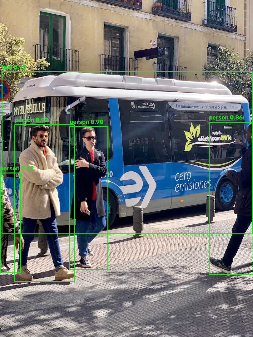 YOLO26 Nano detects a bus and four people using OpenCV 5 DNN.